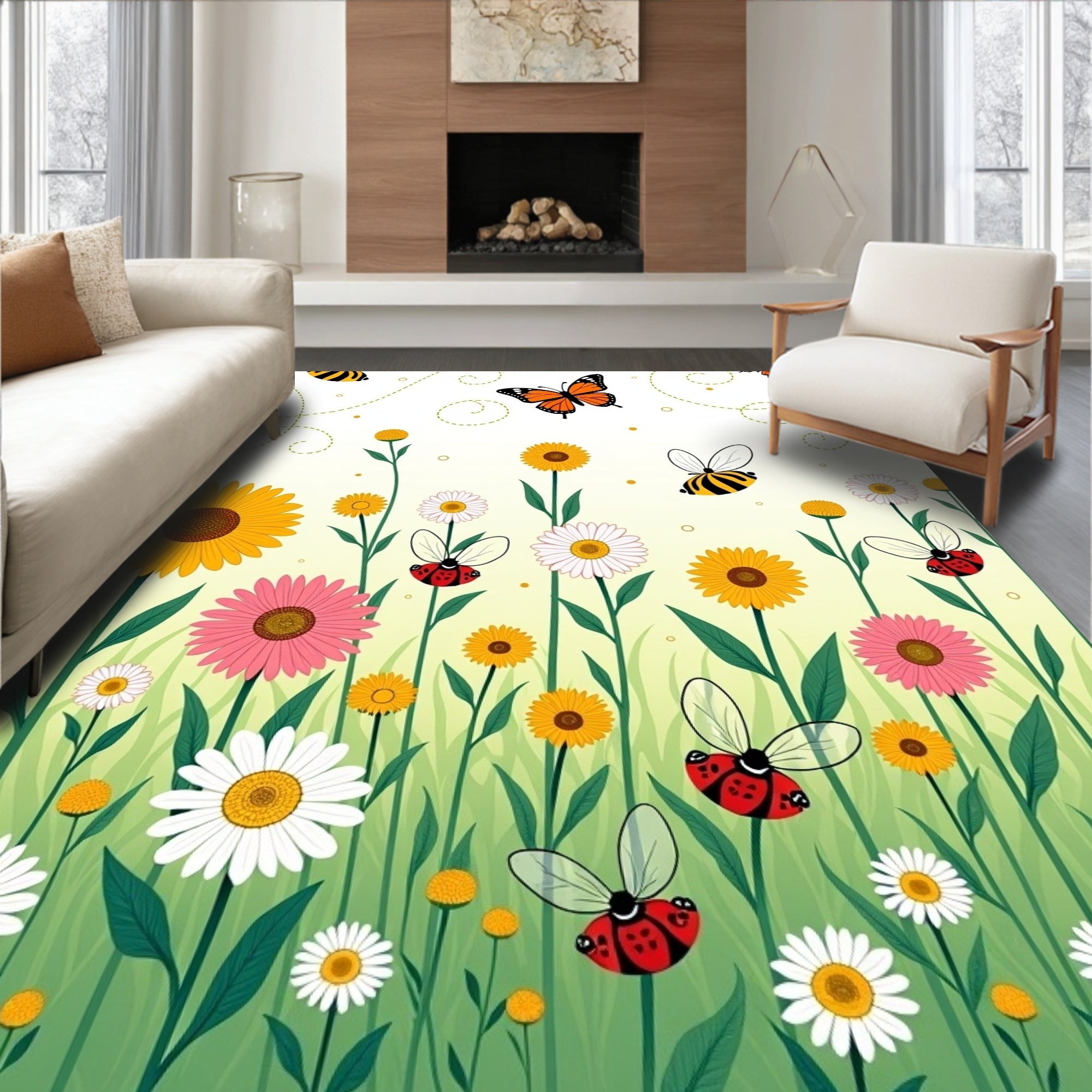 Whimsical Meadow Insects Flowers Rug