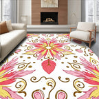Pink Yellow Floral Scroll Pattern Rug