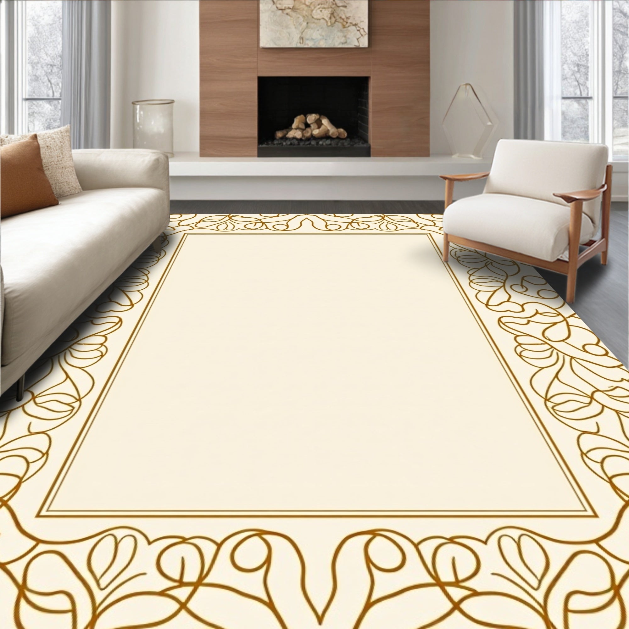 Elegant Gold Vine Scroll Pattern Rug