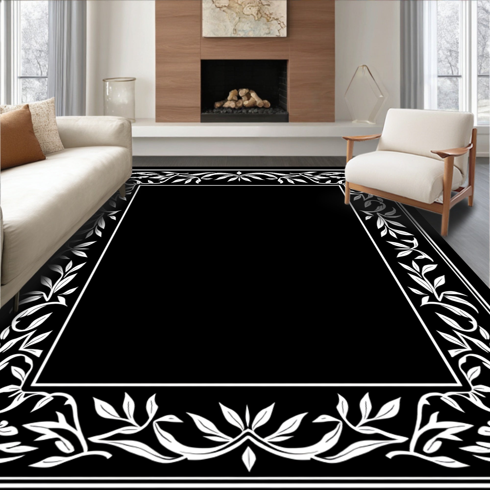 Elegant White Leaf Border Design Rug