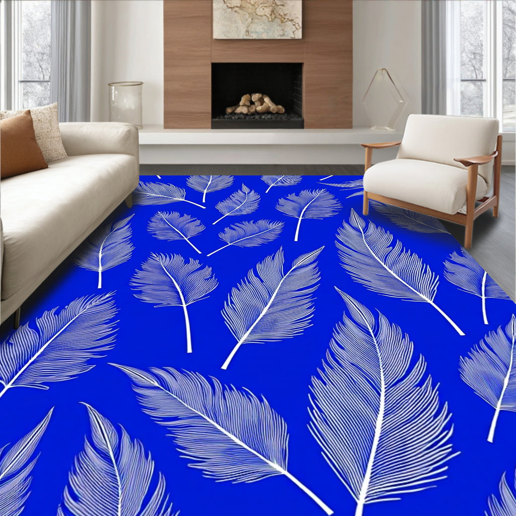 White Feather Pattern on Blue Canvas Rug