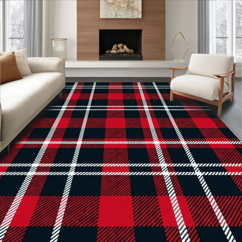 Bold Red Black Plaid Grid Pattern Rug