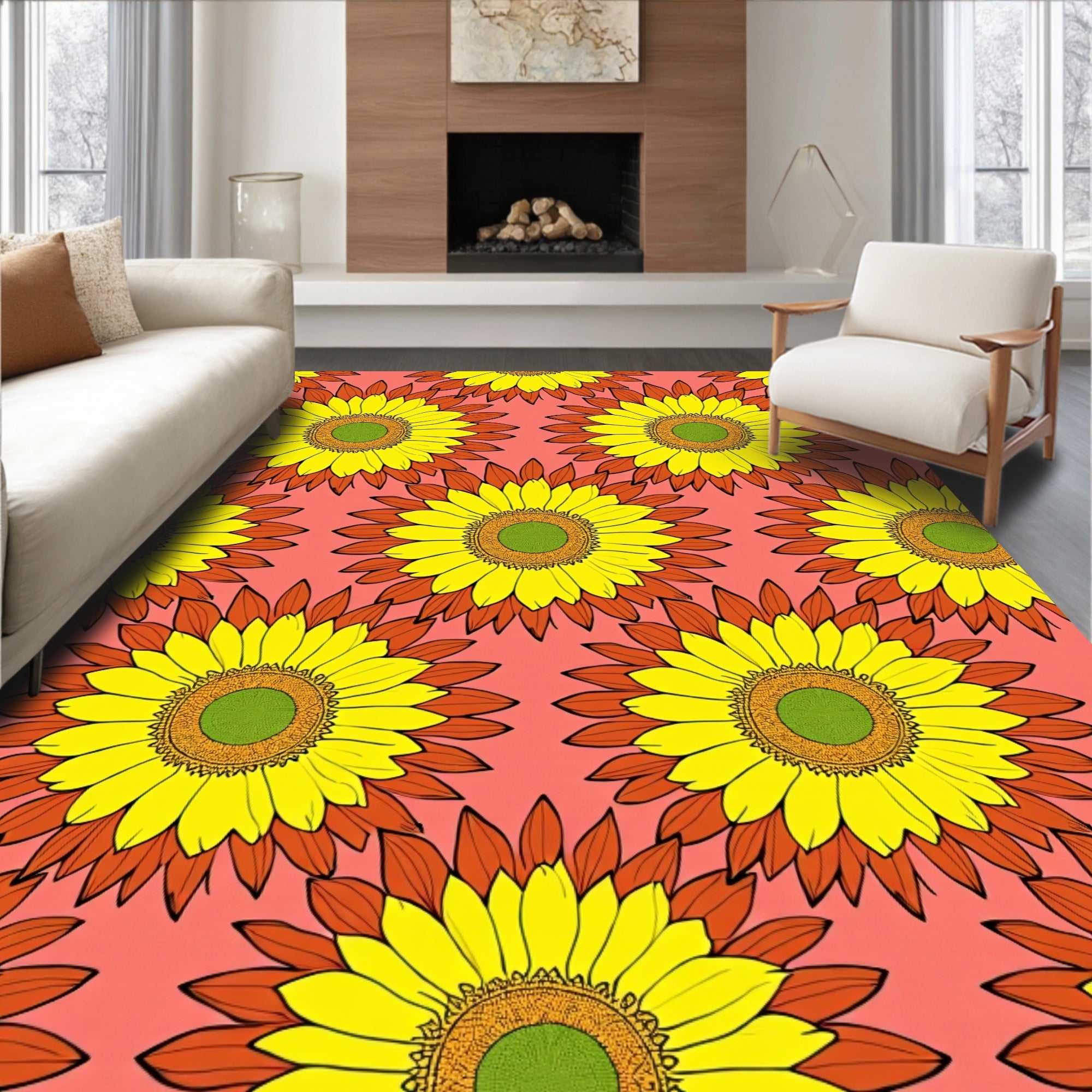 Yellow Sunflower Patterned Bright Rug
