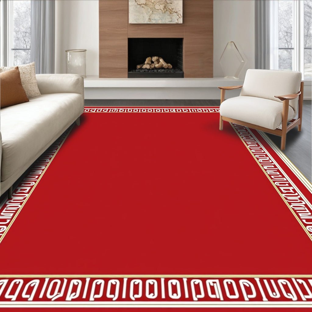 Bold Geometric Red Gold Border Rug
