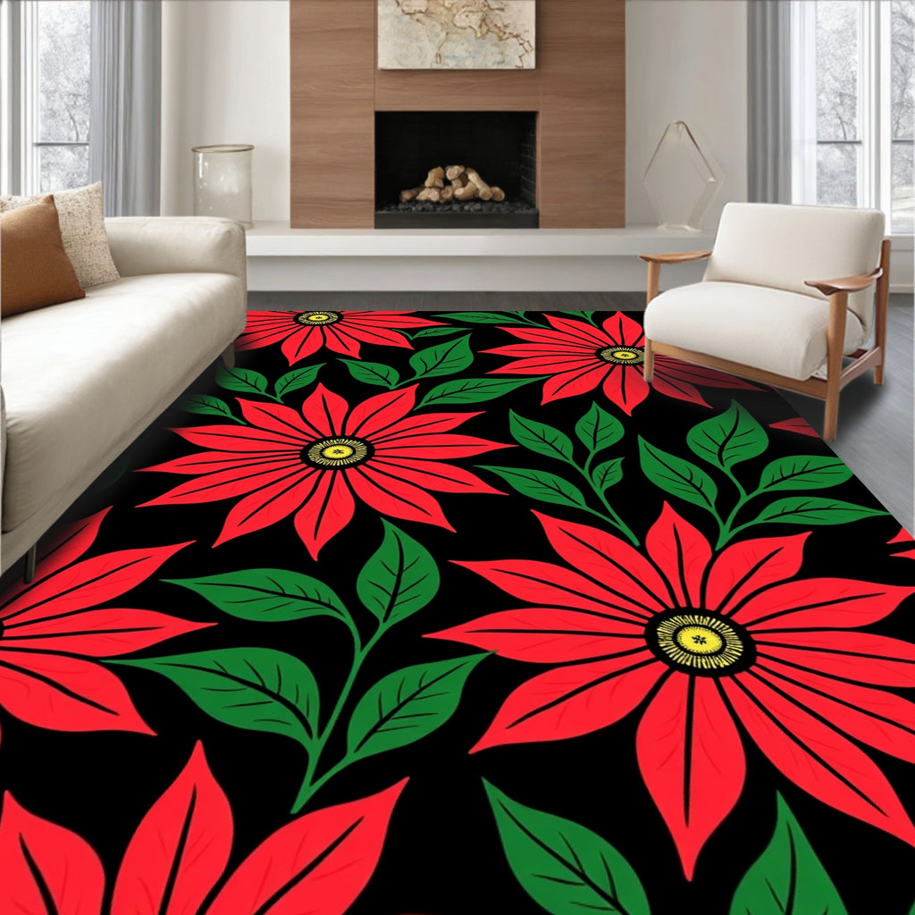 Bold Red Star Flower Foliage Rug