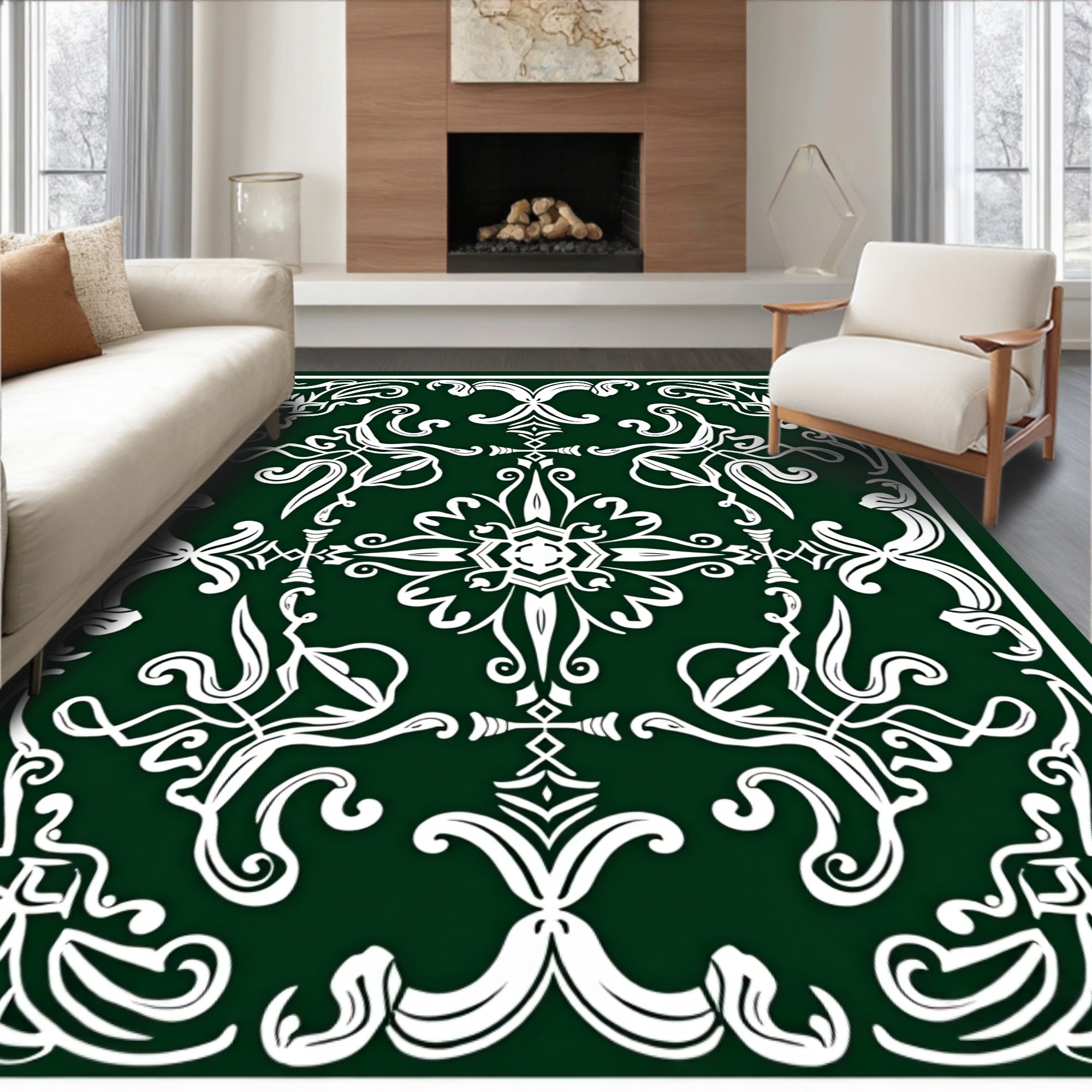 Classic Scrollwork Dark Green White Pattern Rug
