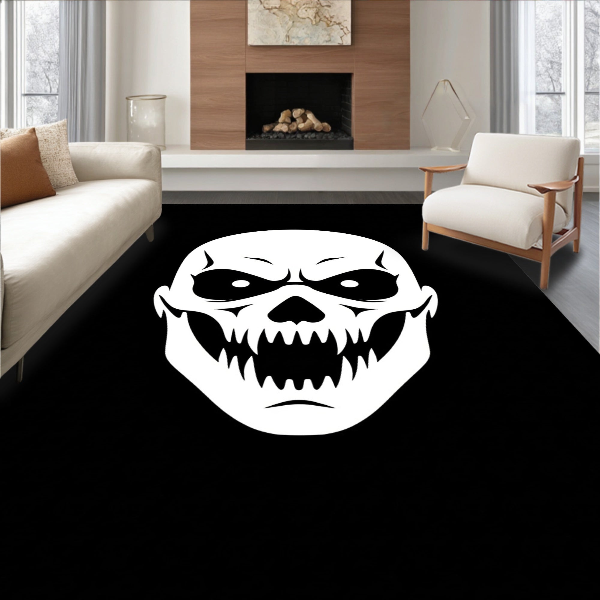 White Skull Graphic Black Background Rug