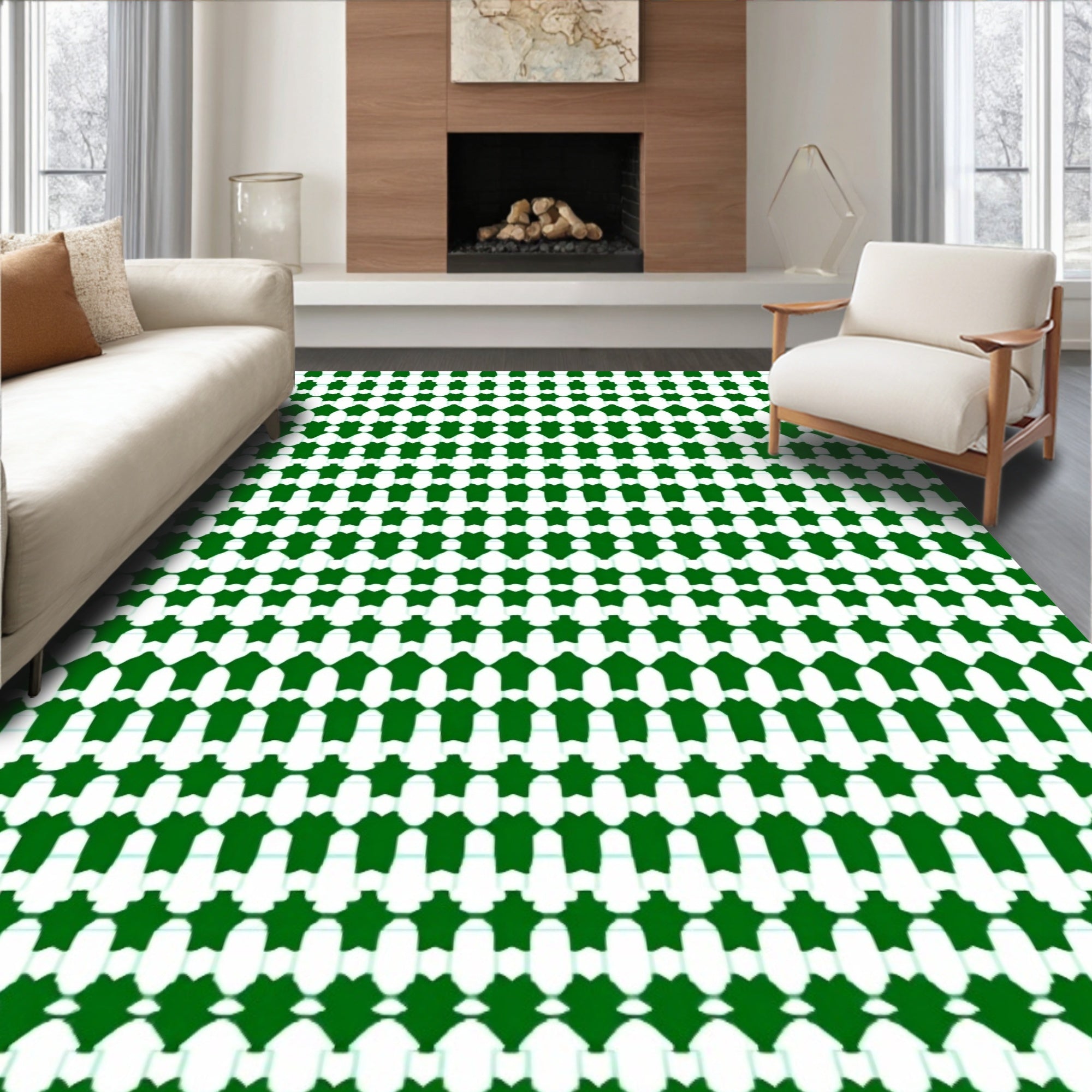 Geometric Pattern Green White Repeat Rug
