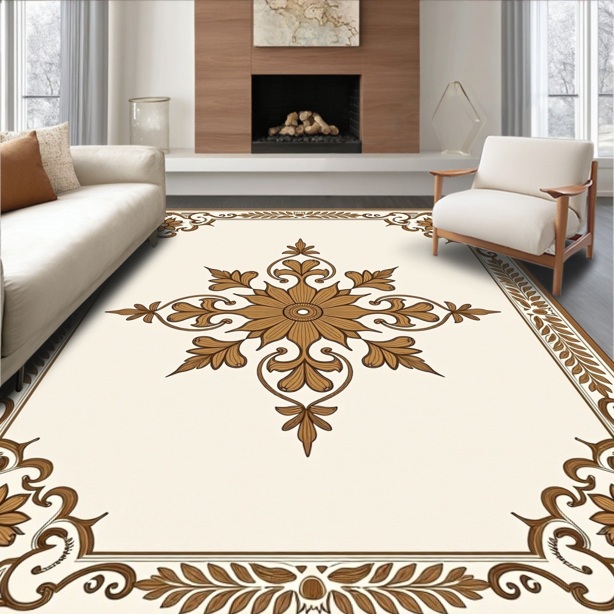 Ornate Floral Medallion Border Rug