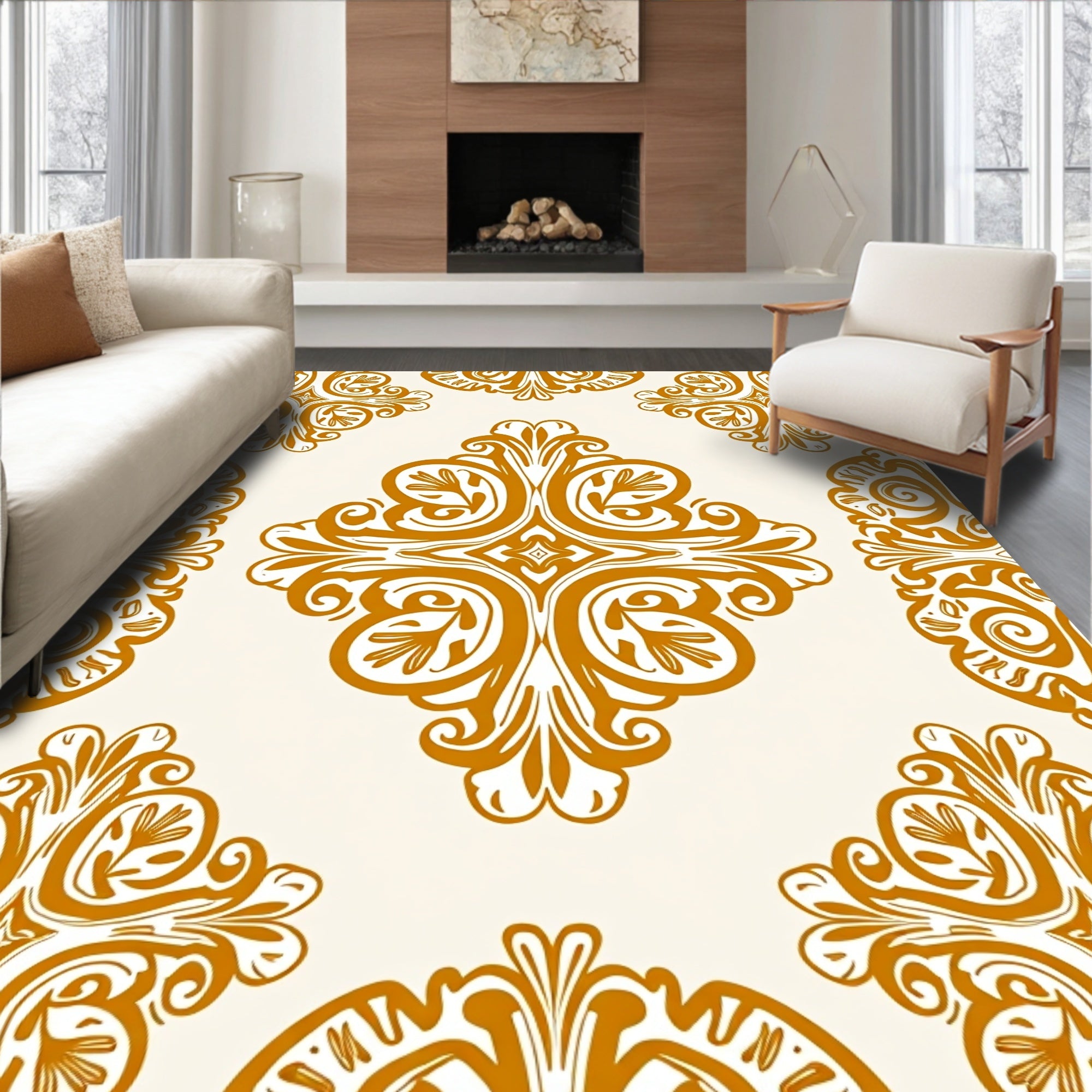Gold Ornate Scrollwork Pattern Rug