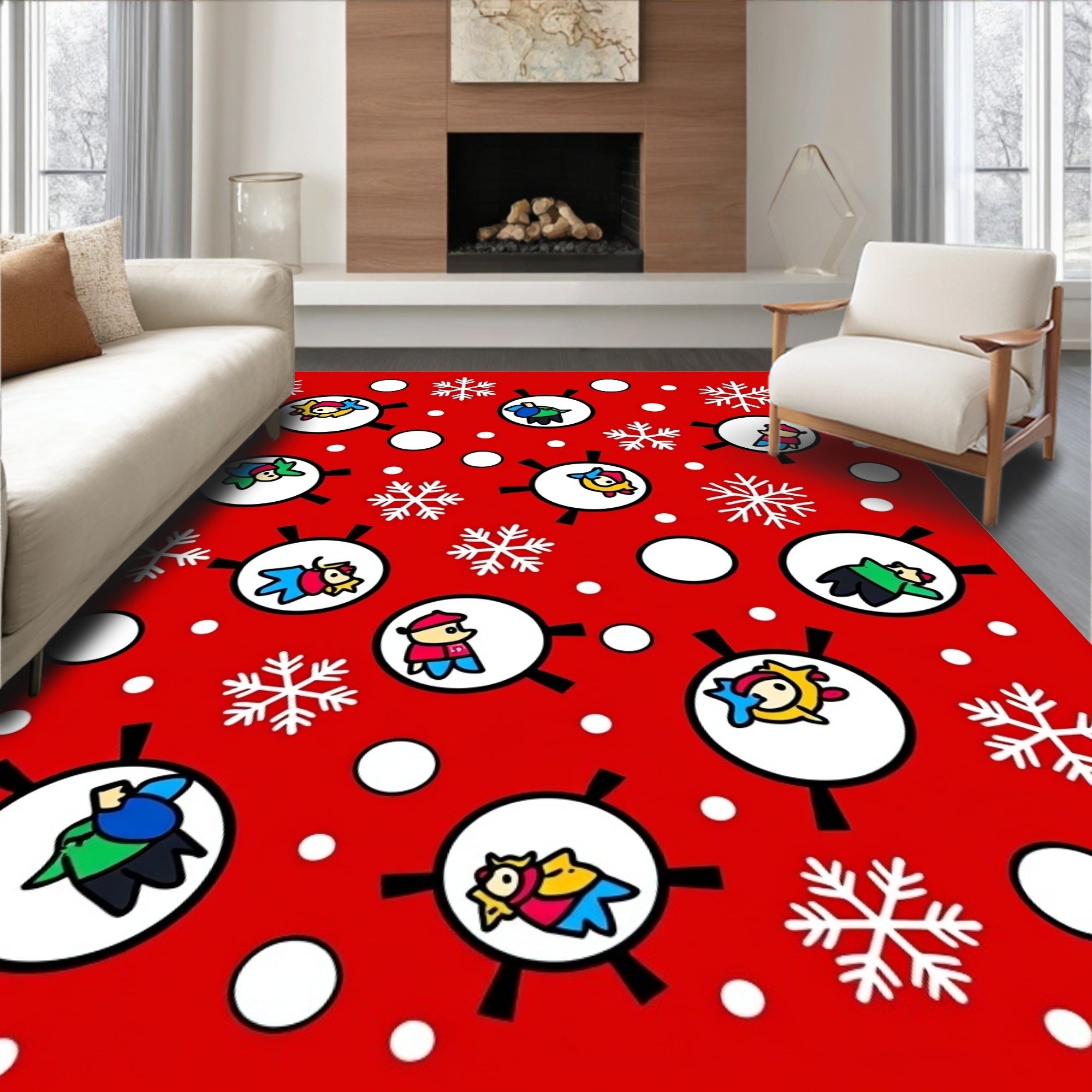 Whimsical Festive Characters and Snowflakes Rug