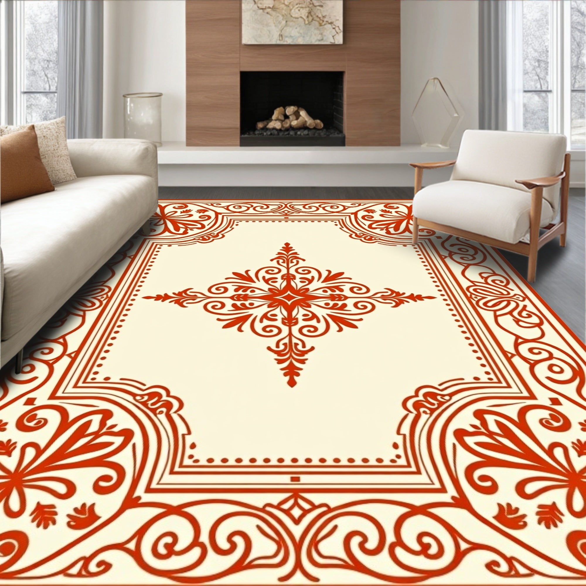 Traditional Red Floral Scrollwork Rug