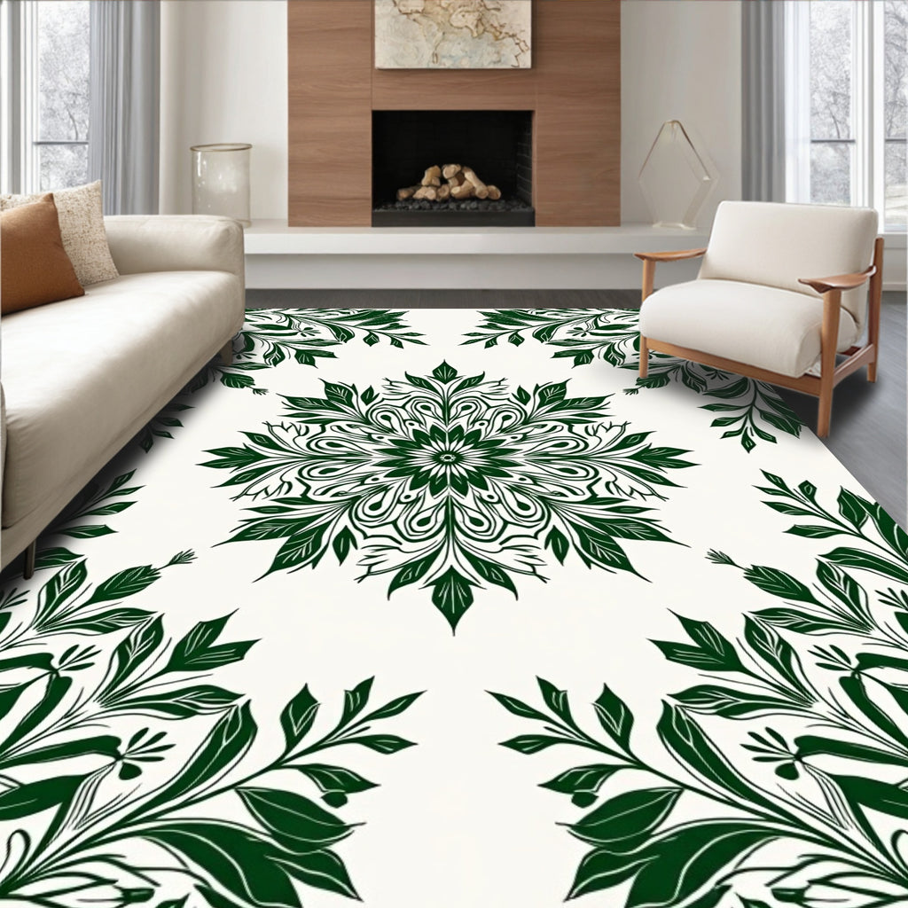 Ornate Green Leaf Mandala Pattern Rug