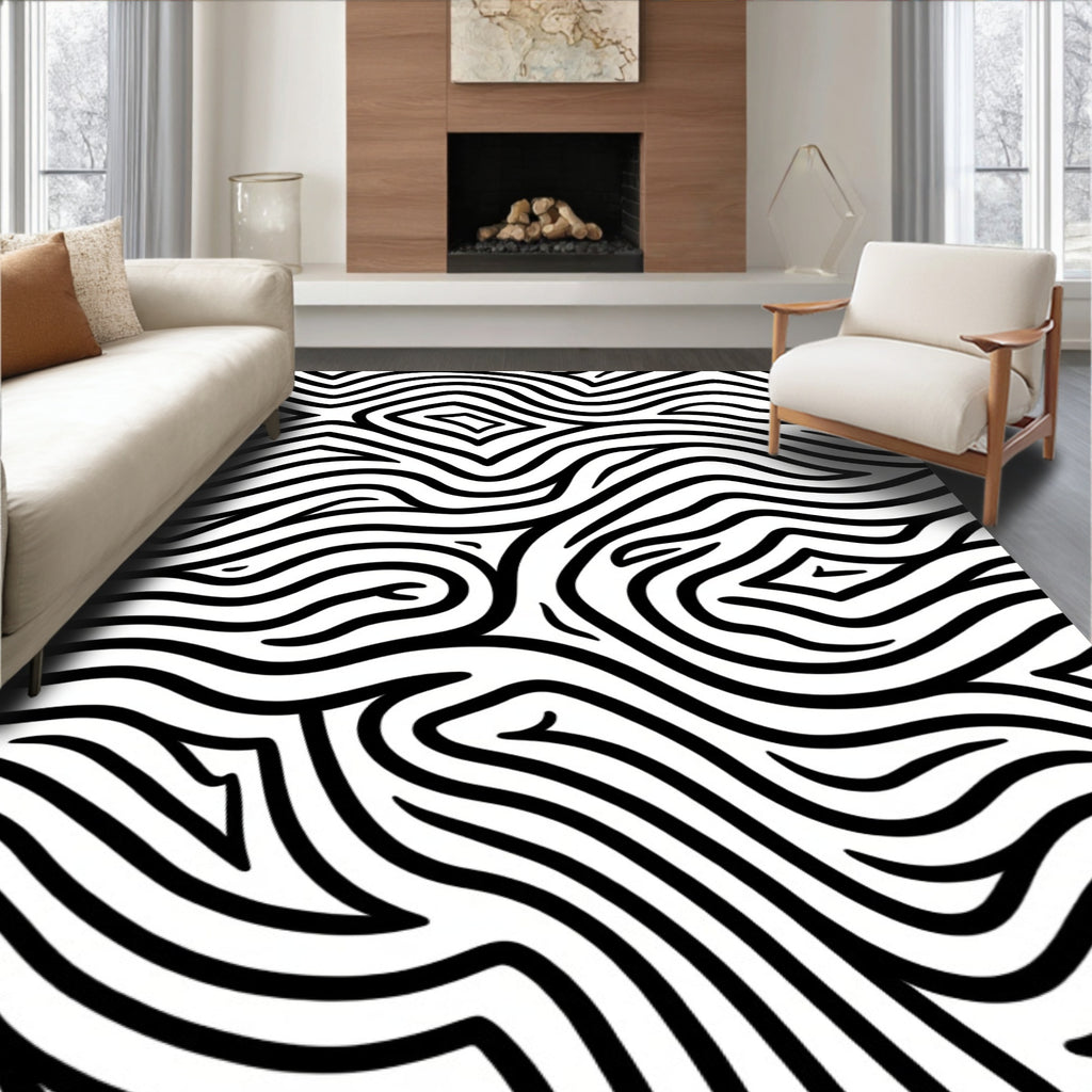 Abstract Black White Wavy Lines Rug
