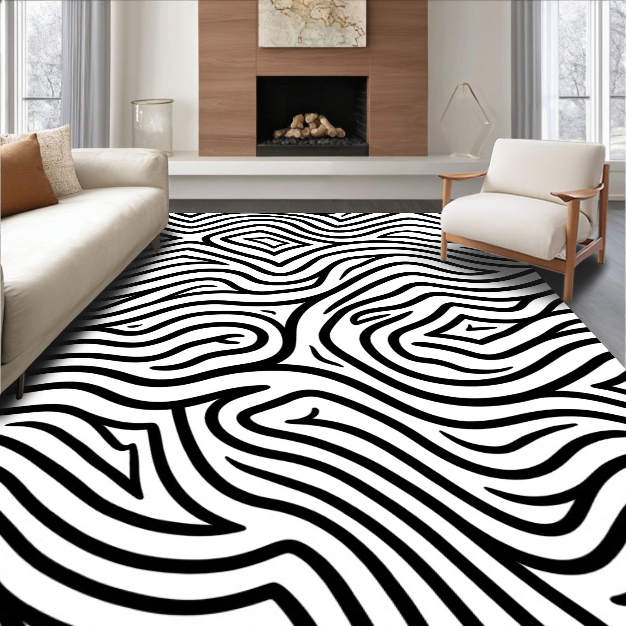 Abstract Black White Wavy Lines Rug