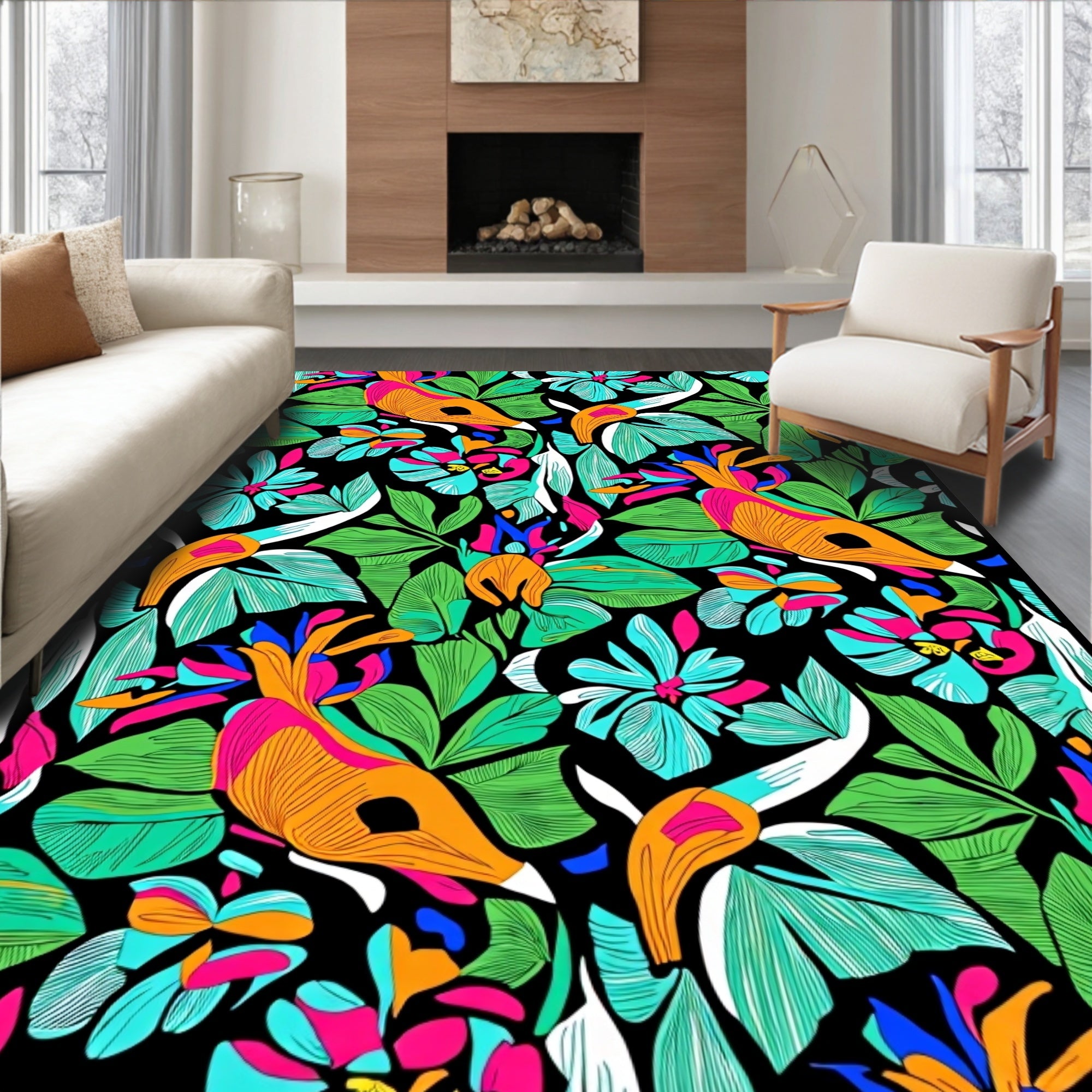 Vibrant Tropical Birds and Flowers Jungle Rug