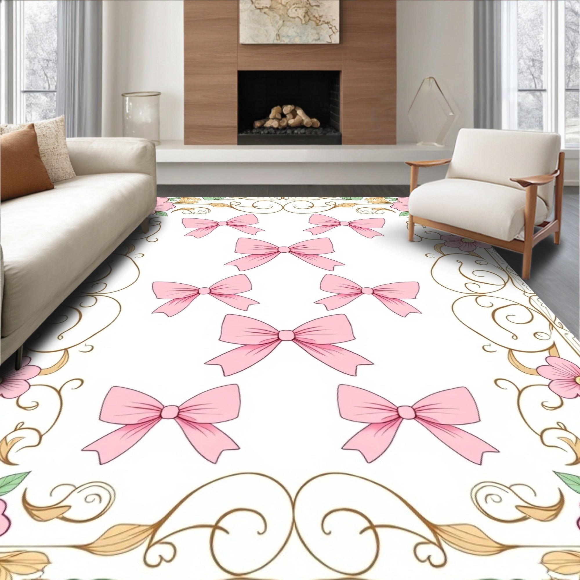 Pink Bows and Floral Swirls Rug