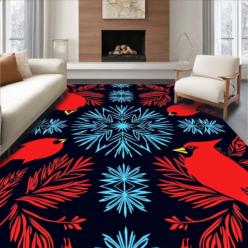 Red Birds and Blue Snowflakes Pattern Rug