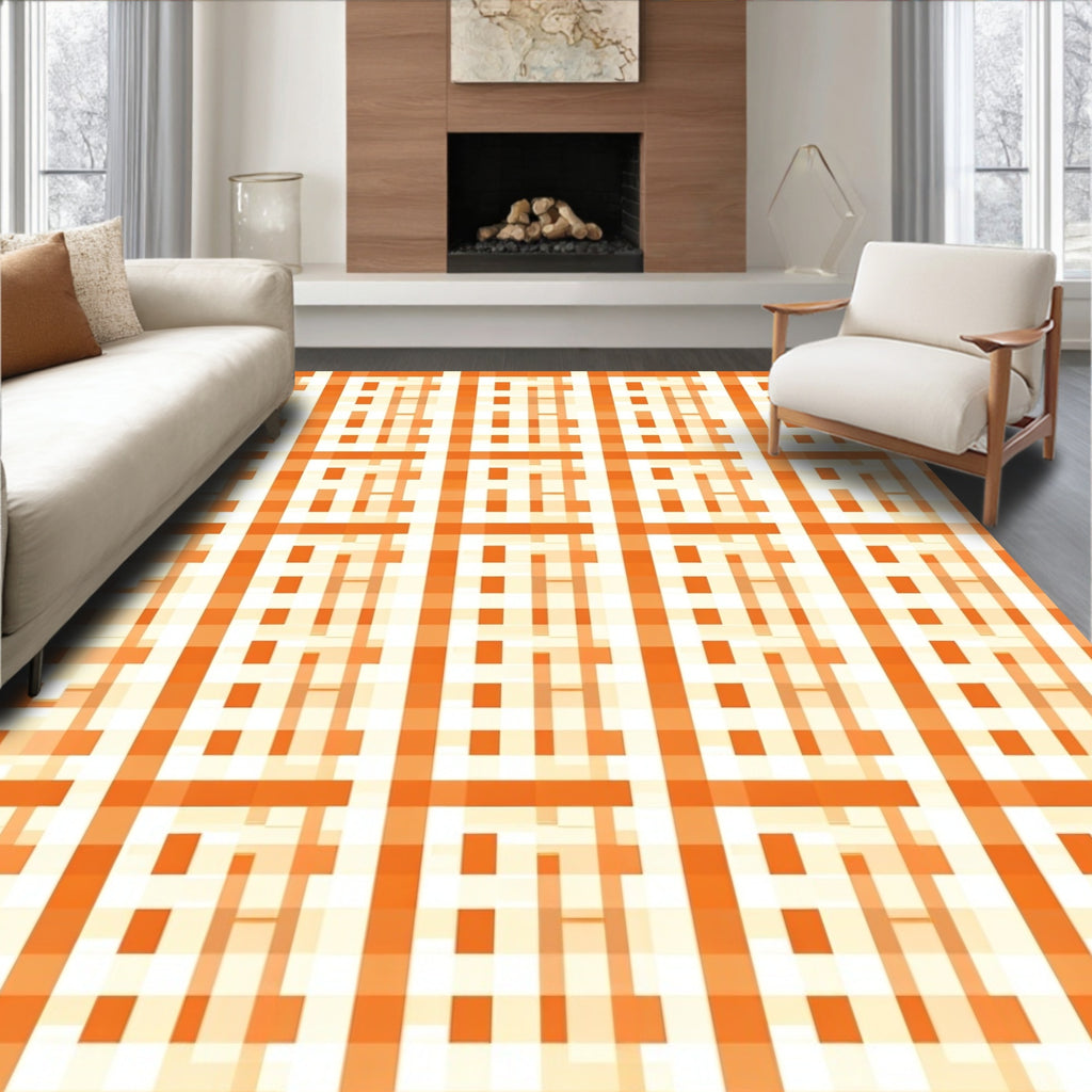 Warm Orange Plaid Geometric Pattern Rug