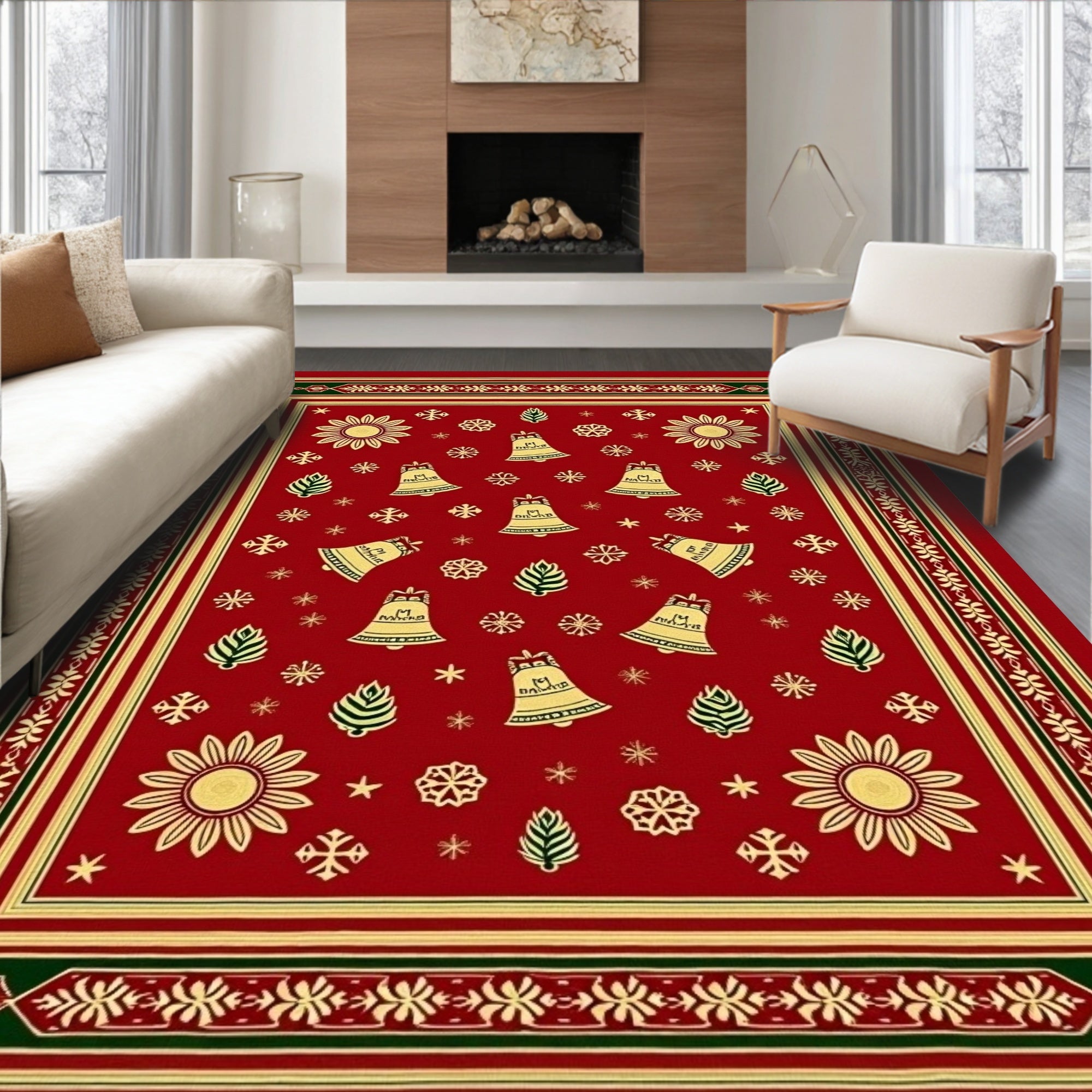 Festive Red Gold Bell Snowflake Rug