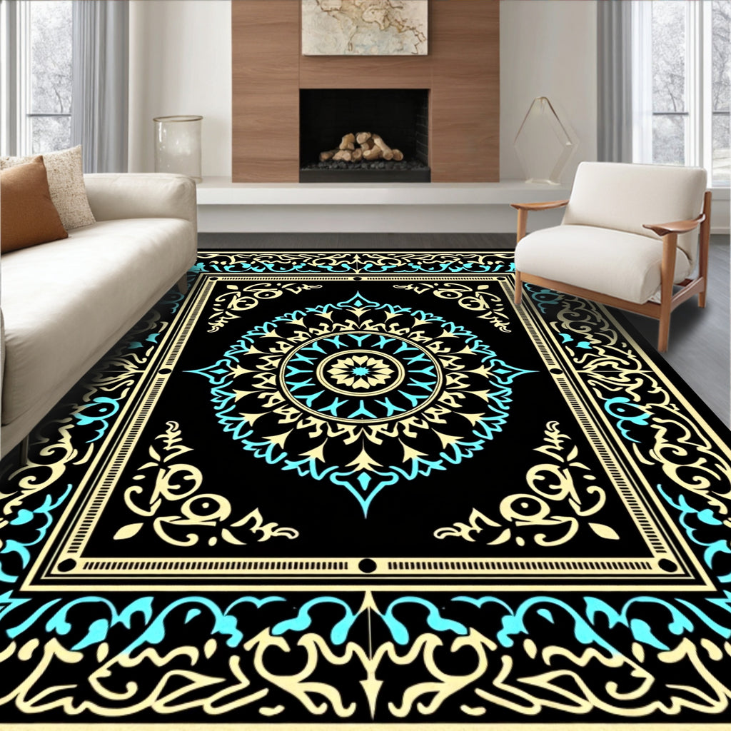 Intricate Mandala Pattern Teal Gold Rug