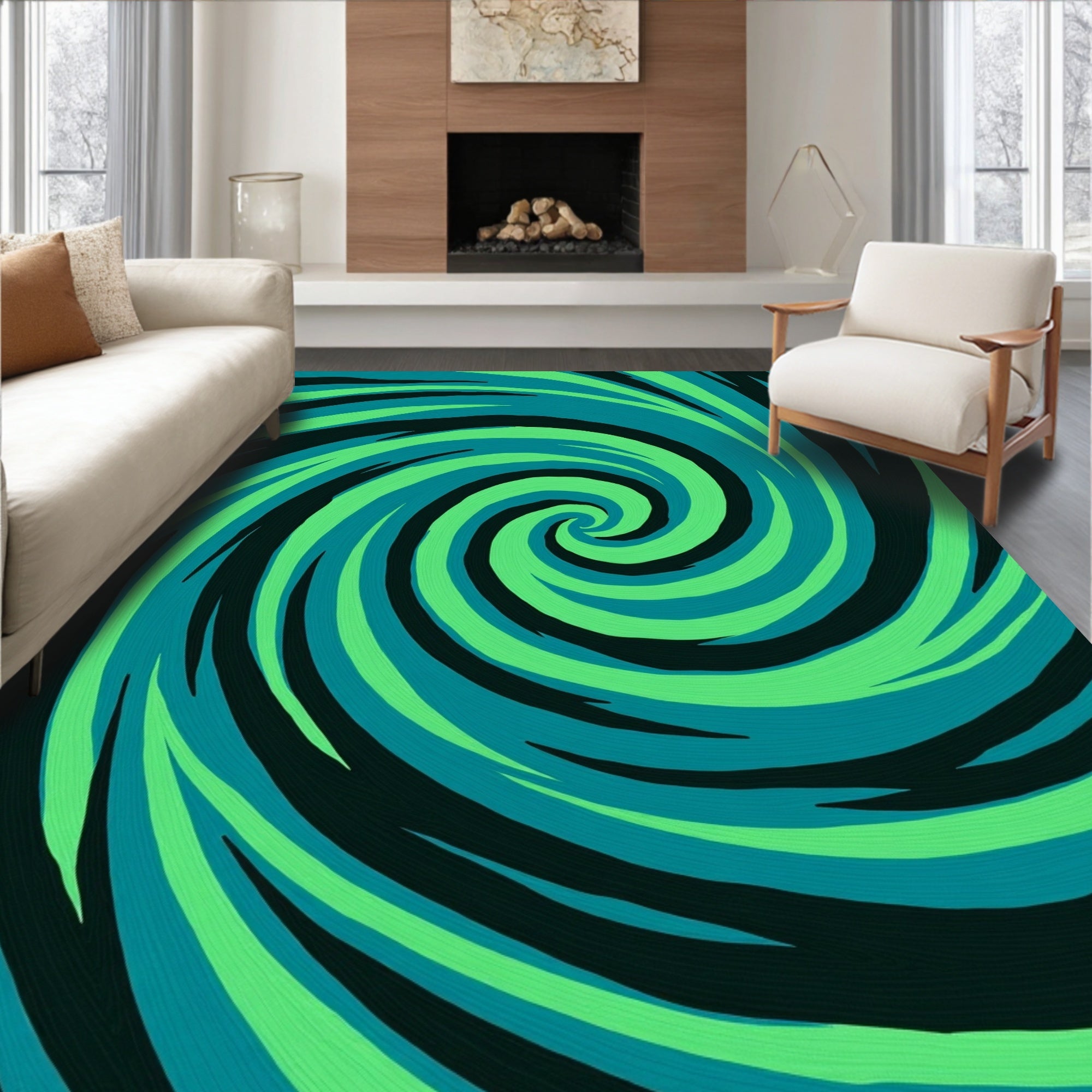 Vibrant Green Teal Swirl Design Rug