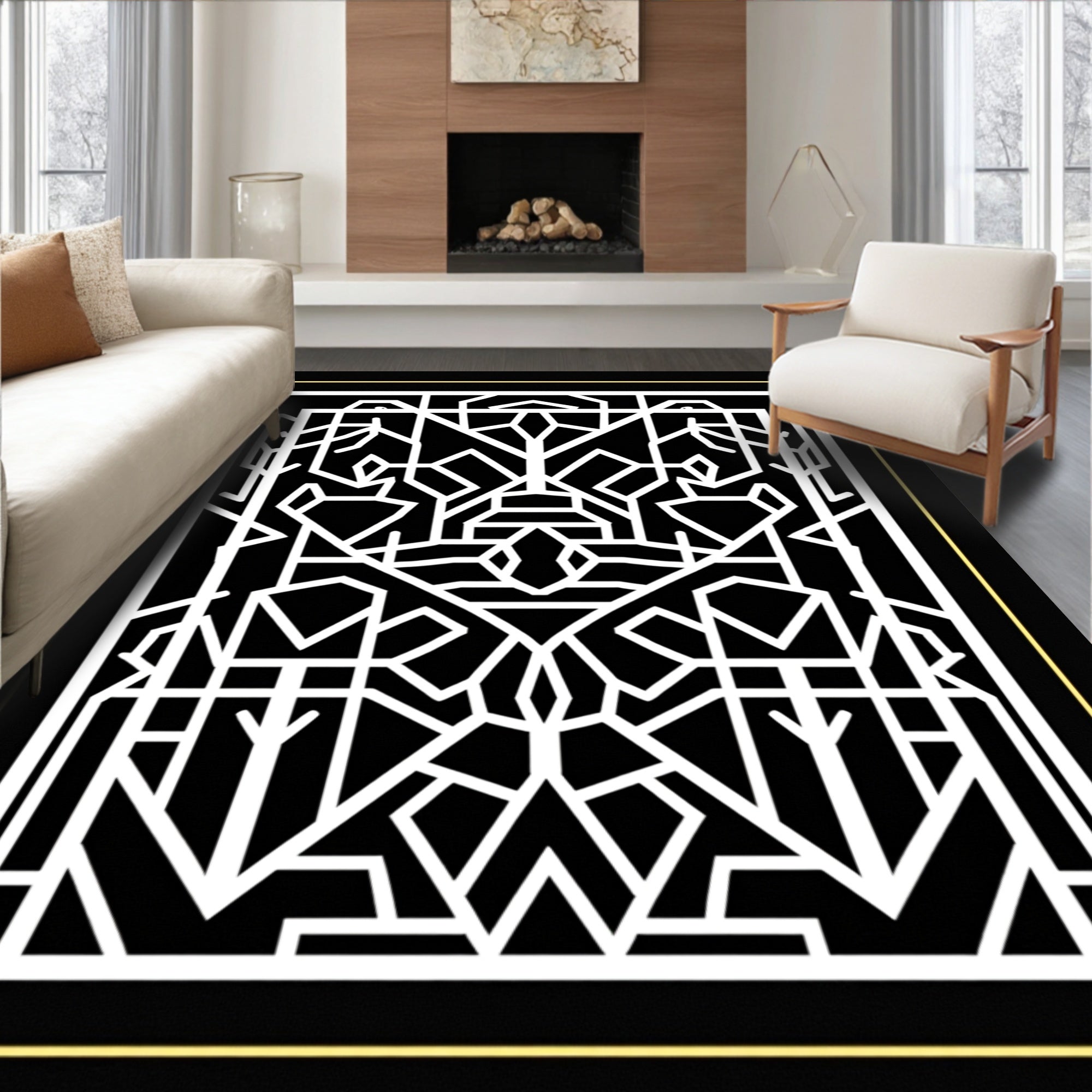 Bold White Geometric Lines Design Rug