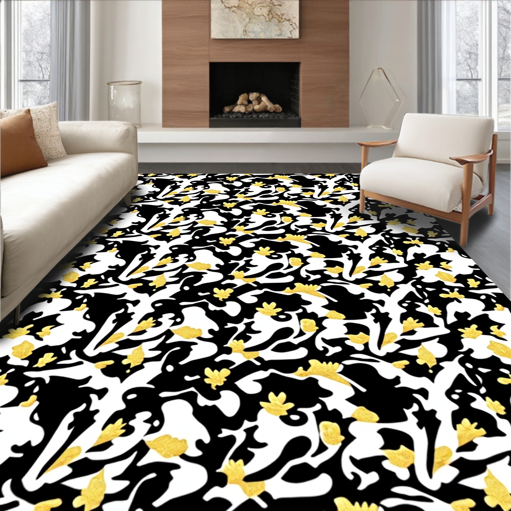 Abstract Black Gold Leaf Art Rug