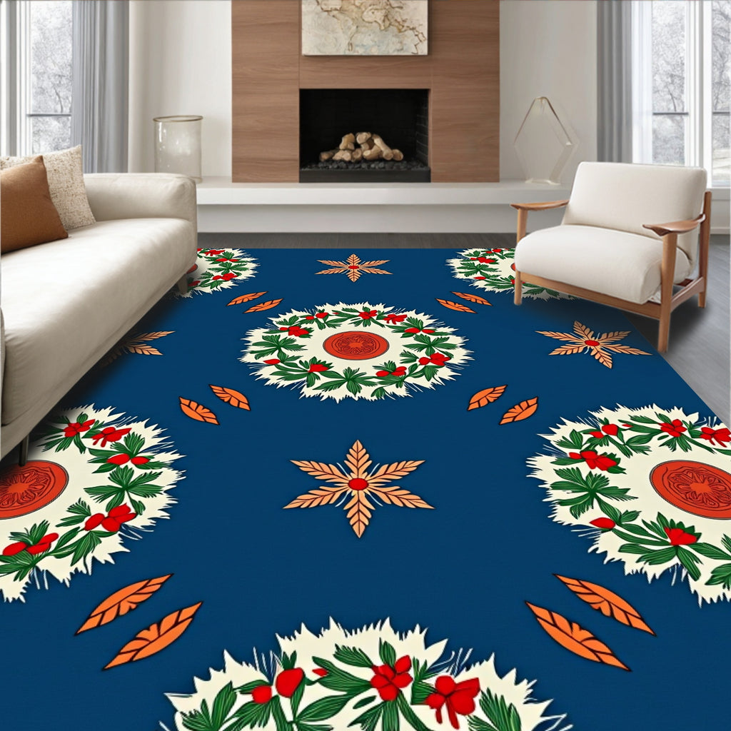 Botanical Wreath Star Indigo Pattern Rug