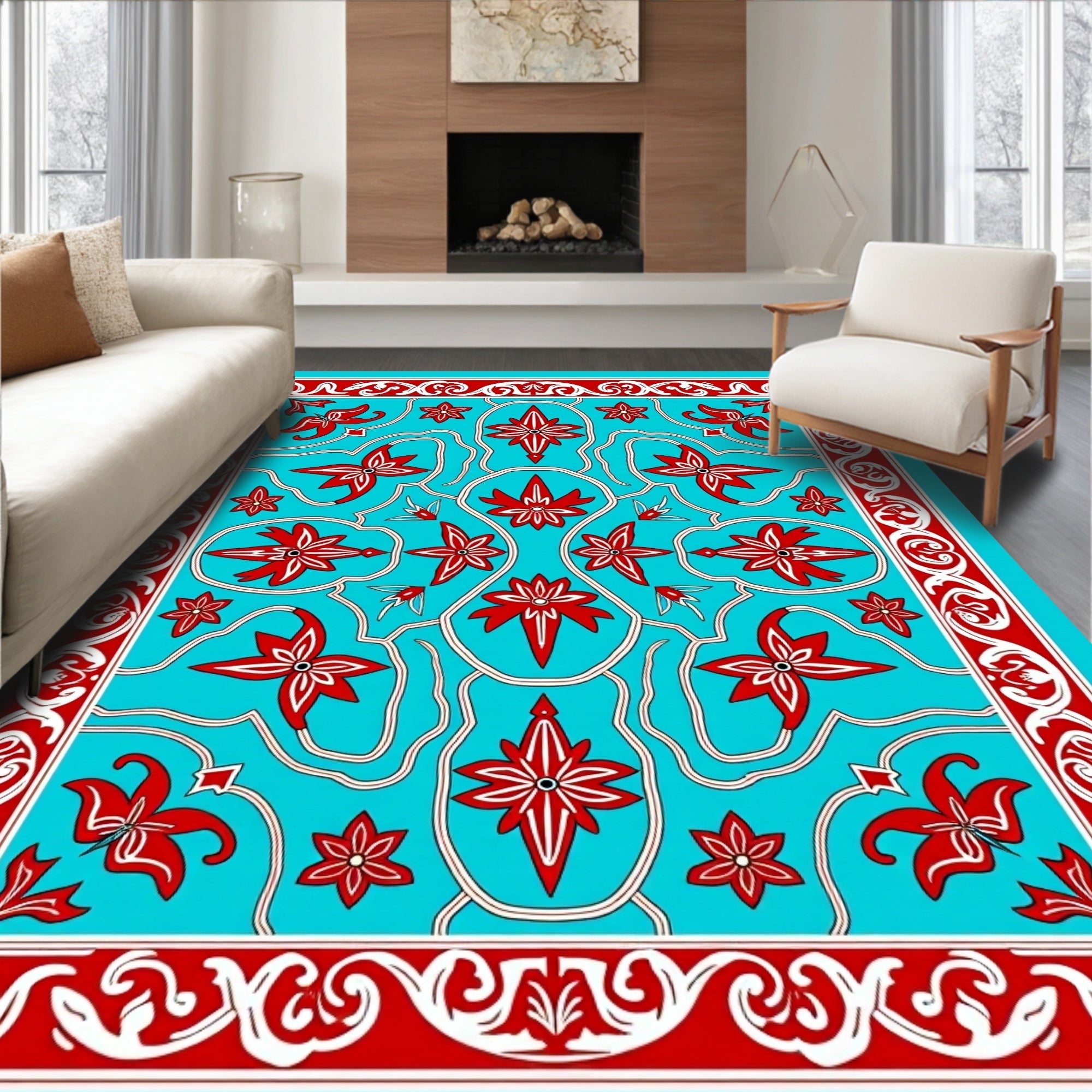 Turquoise Red Floral Medallion Border Rug
