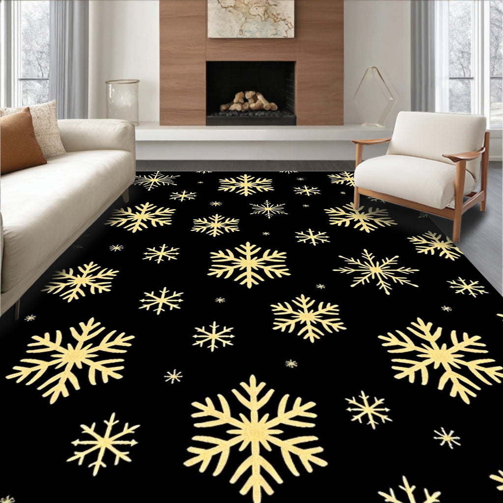 Golden Snowflakes Black Background Rug