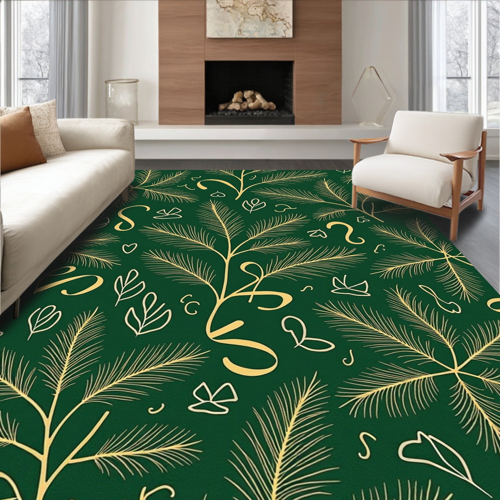 Green Gold Botanical Sketch Rug