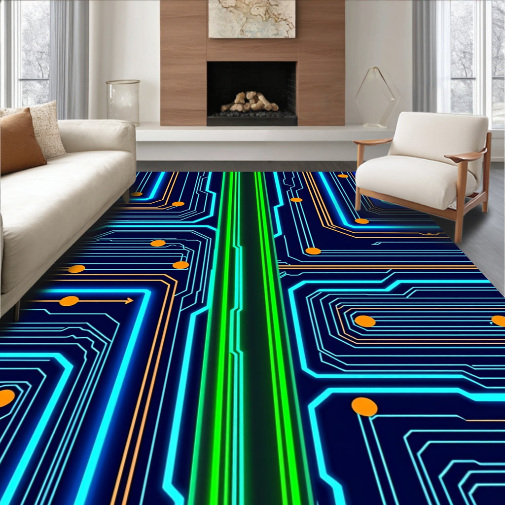 Circuit Board Neon Geometric Pattern Rug