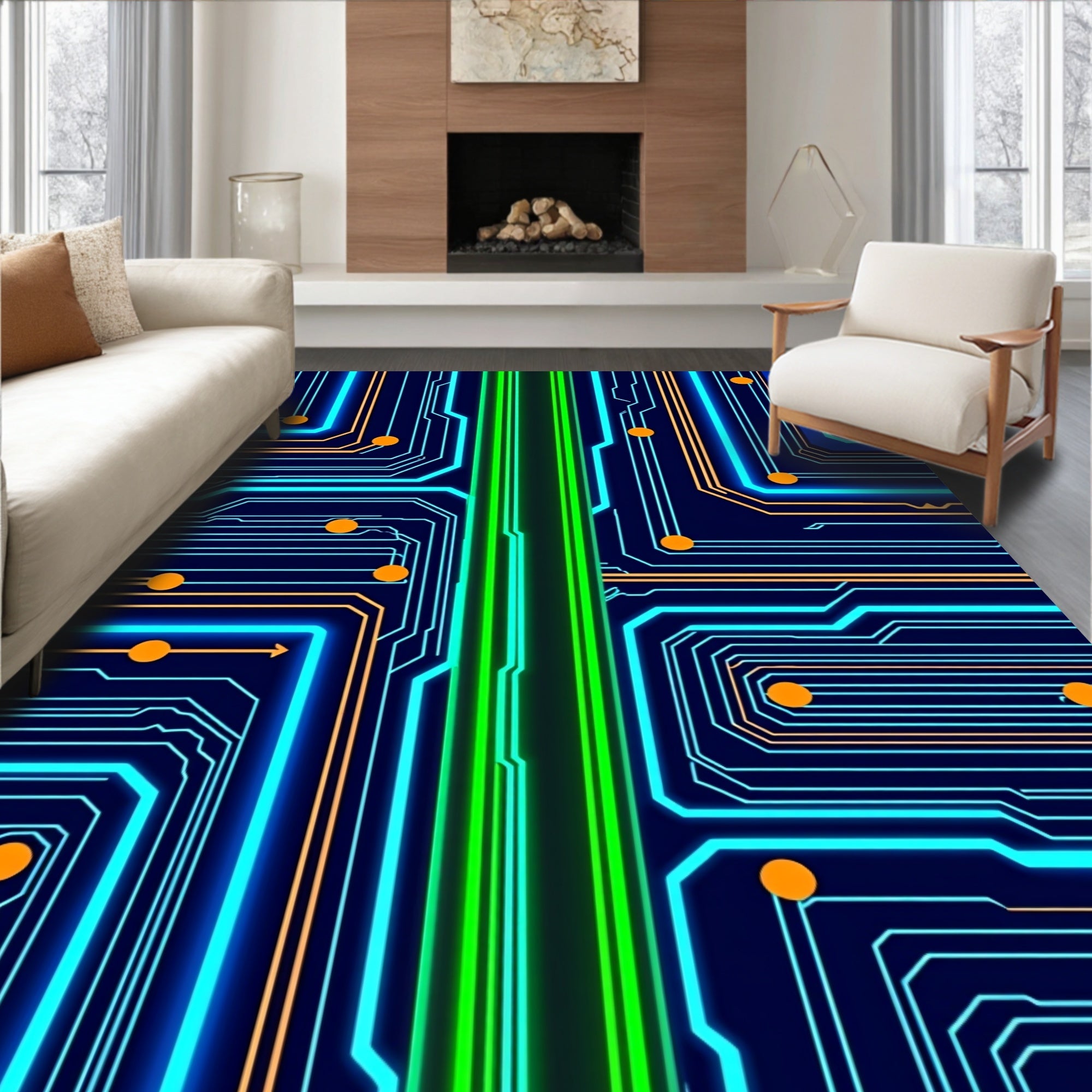 Circuit Board Neon Geometric Pattern Rug