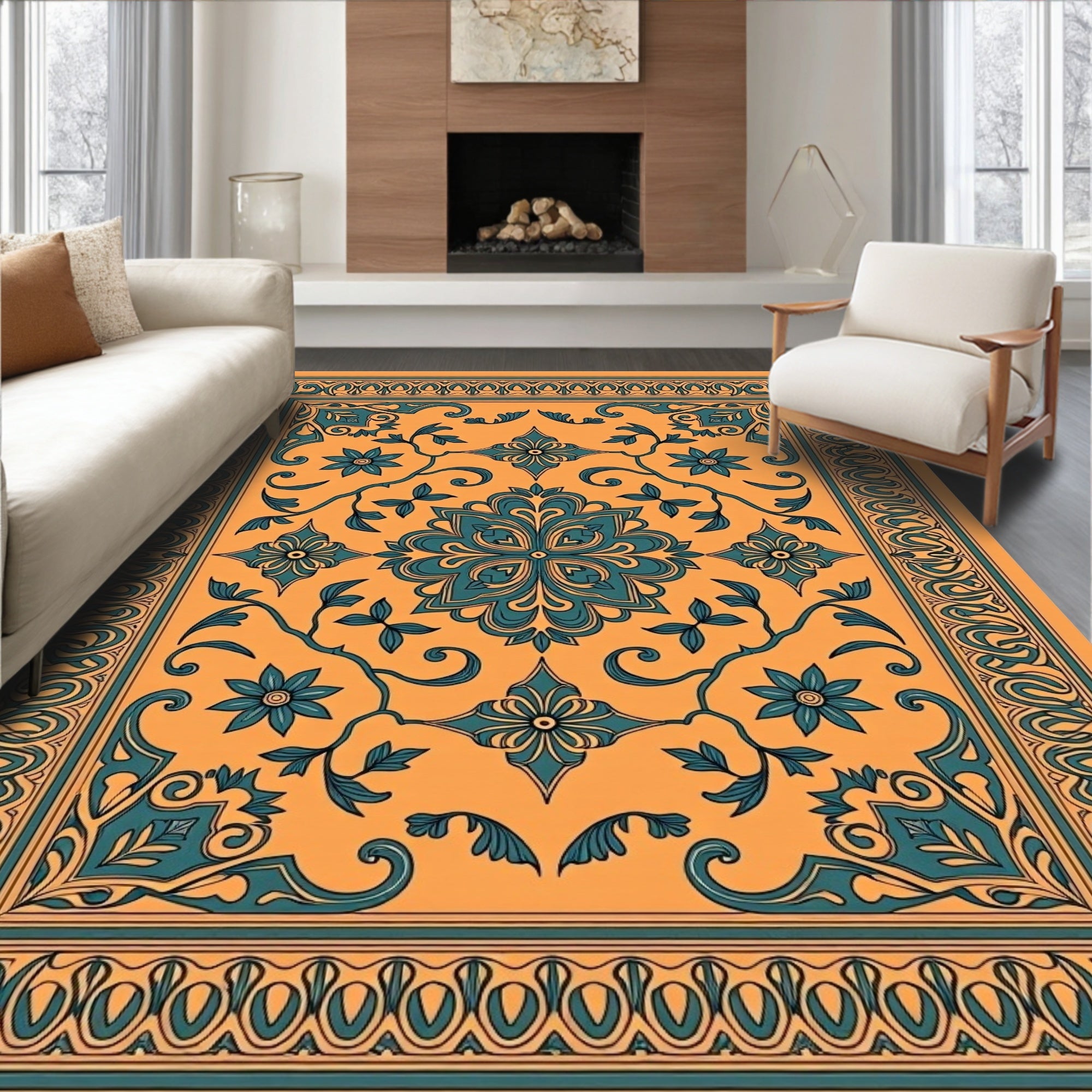 Orange Teal Floral Medallion Pattern Rug