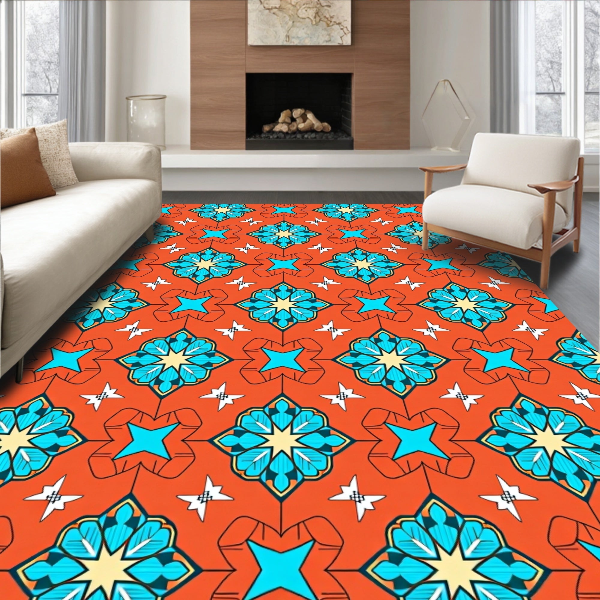Orange Blue Starburst Floral Pattern Rug