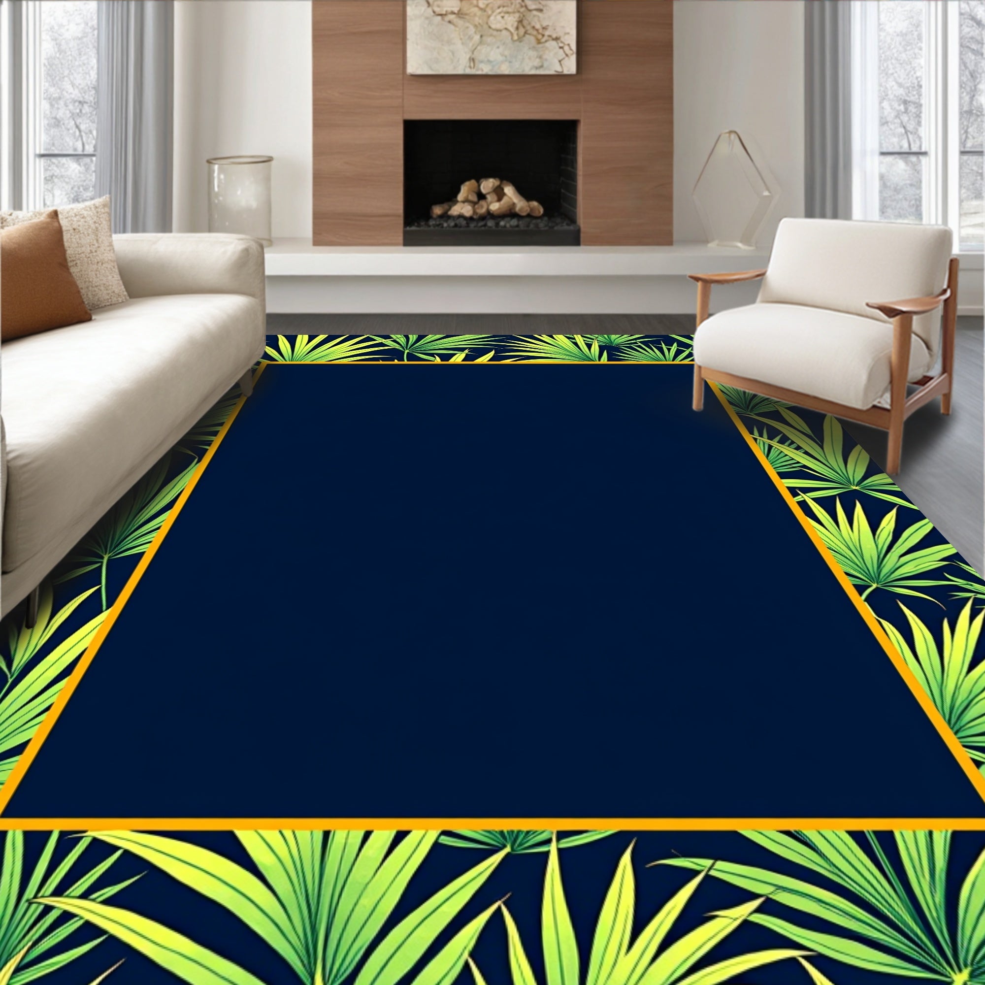 Green Leaf Patterned Tropical Design Rug