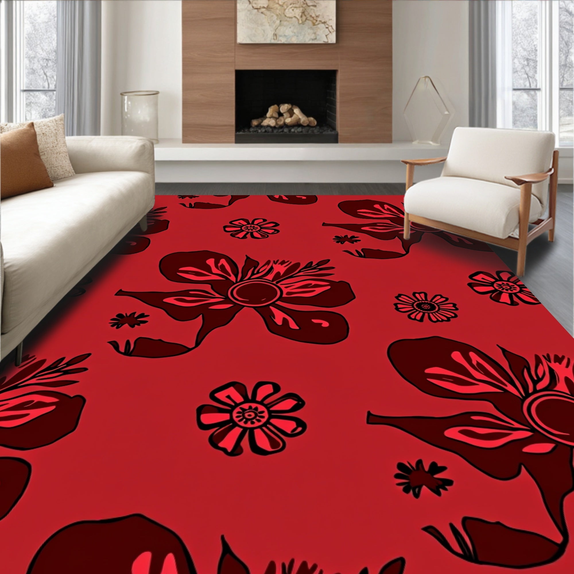 Dark Red Bold Floral Design Rug