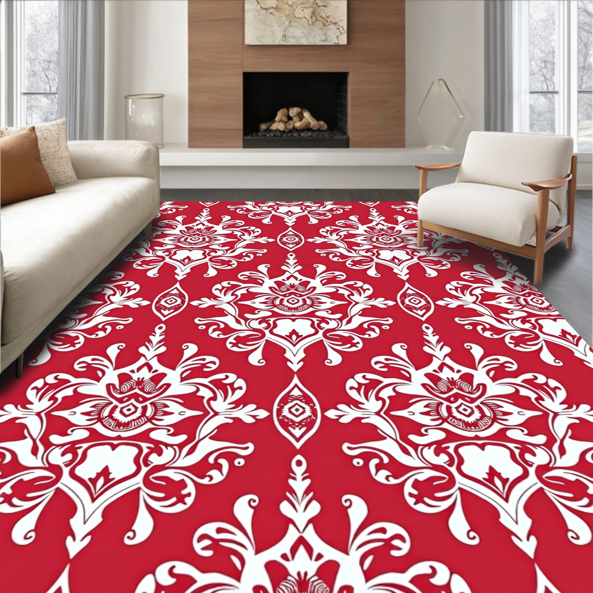 Classic Red and White Damask Pattern Rug
