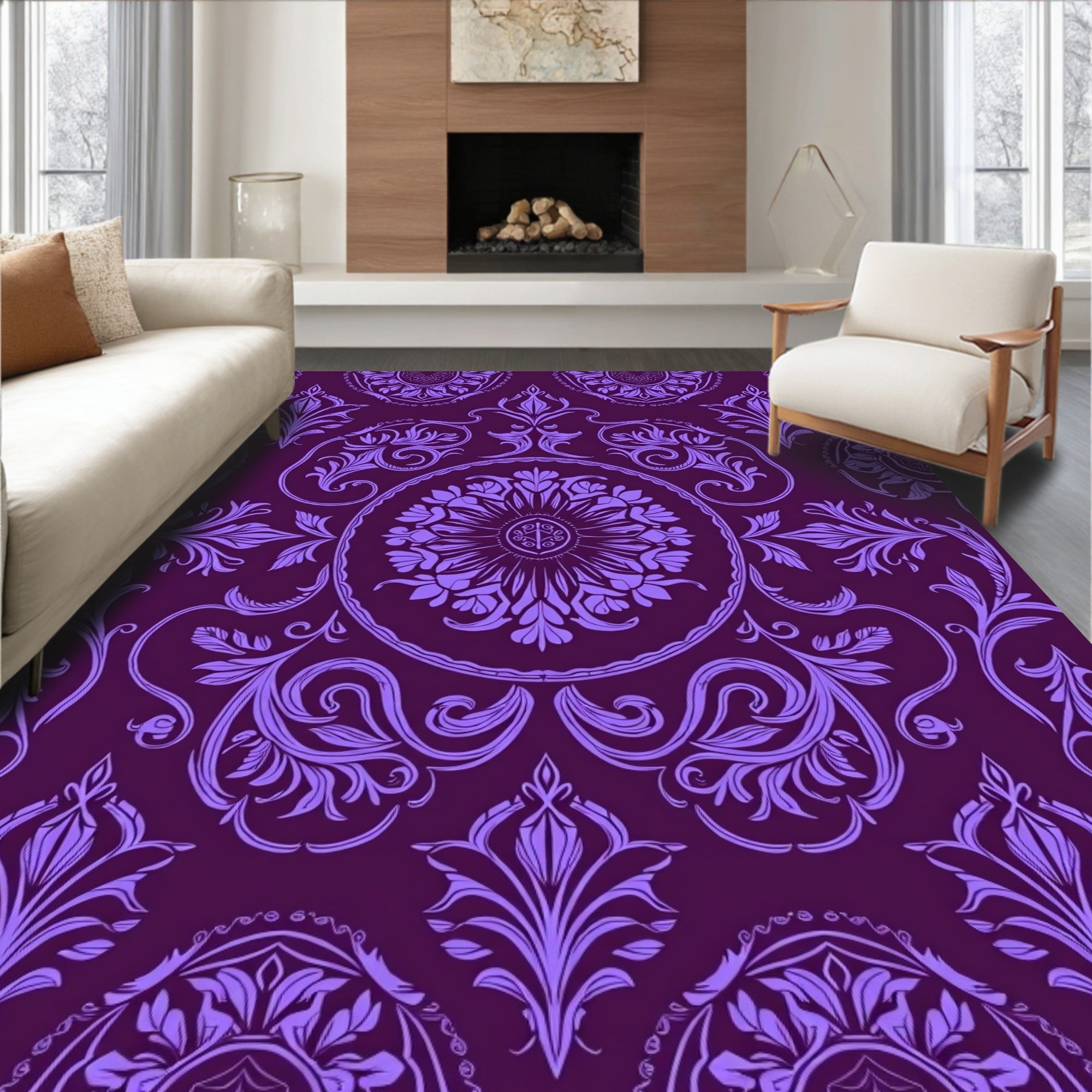 Elegant Purple Damask Floral Design Rug