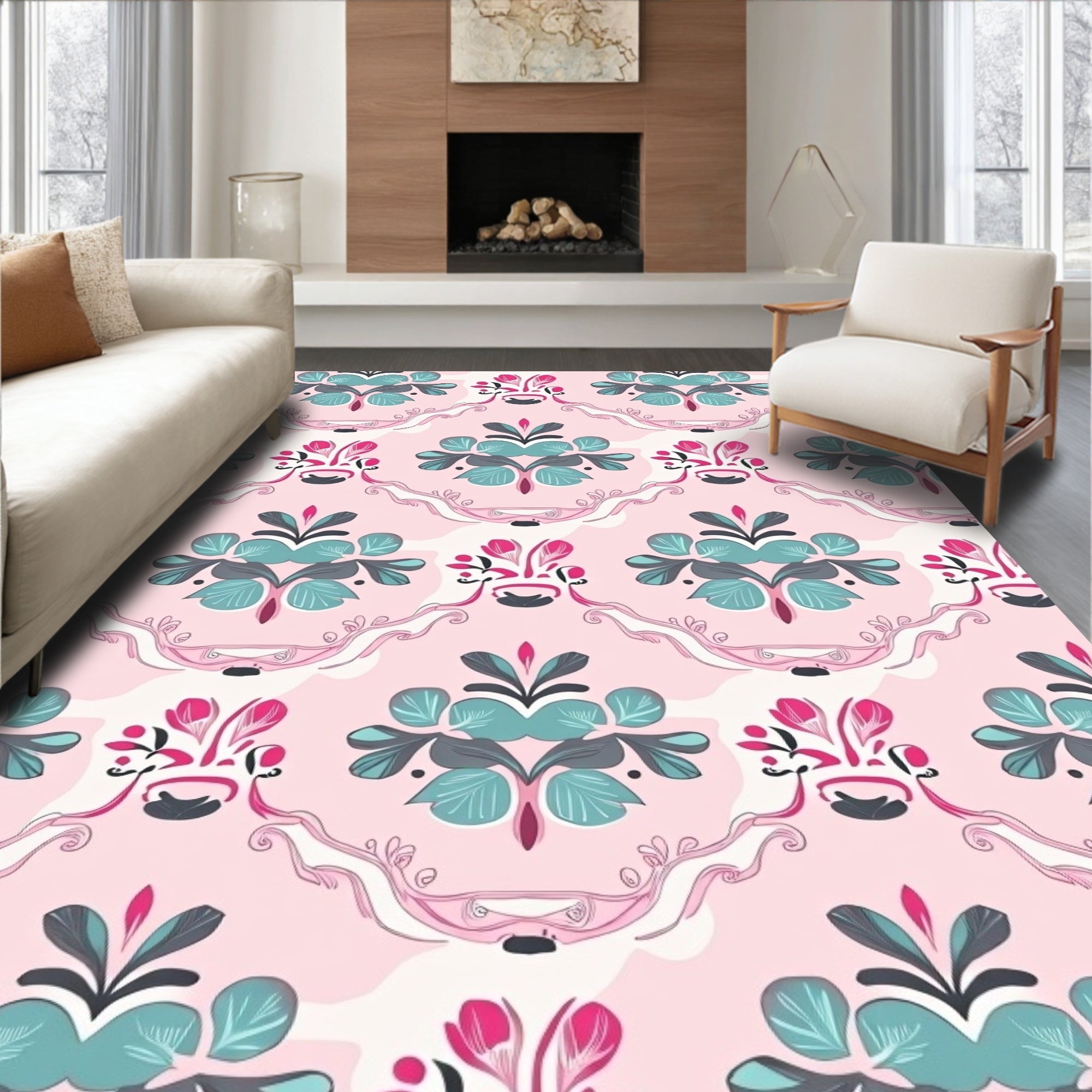 Pink Floral Scroll Decorative Pattern Rug