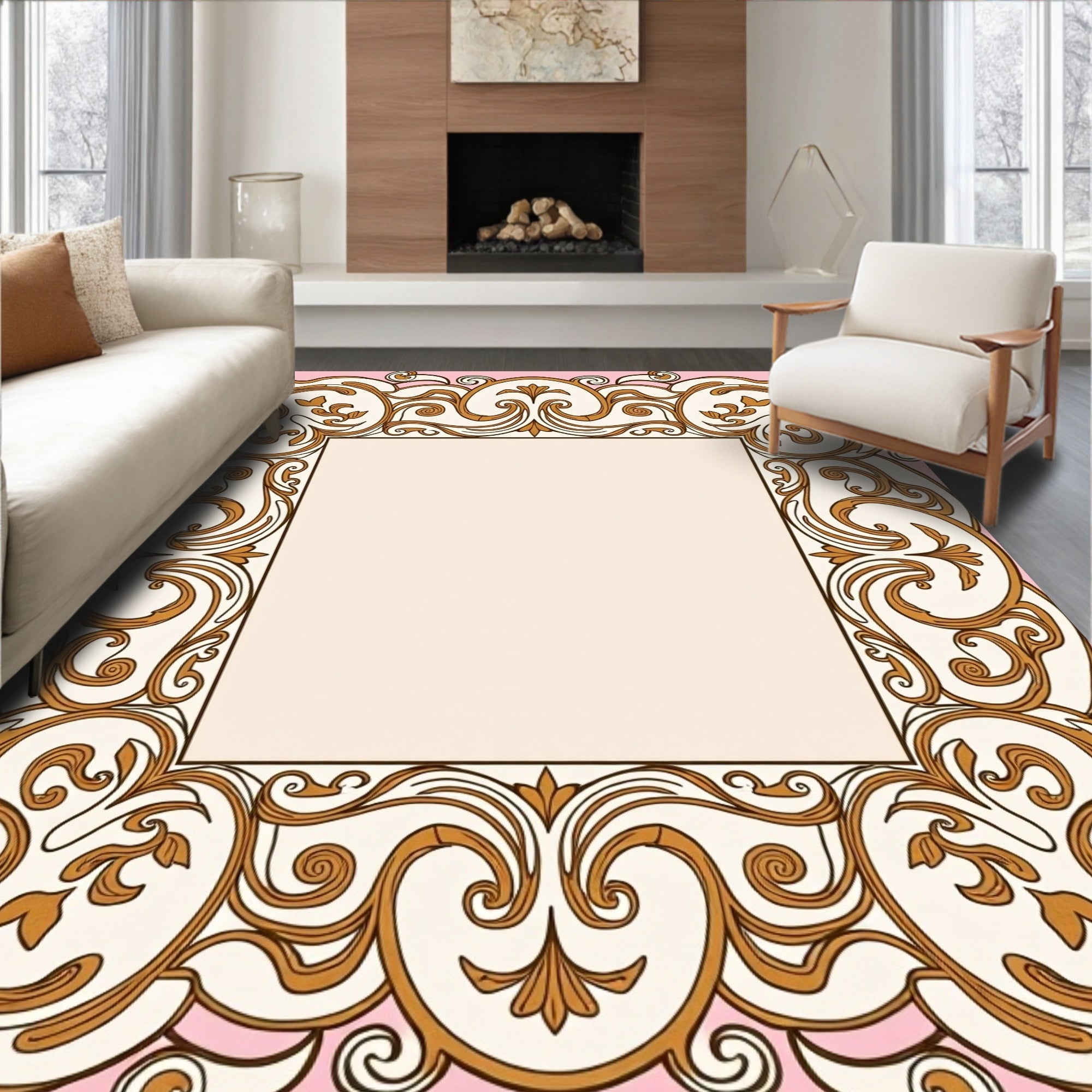 Vintage Pink Gold Filigree Scroll Rug
