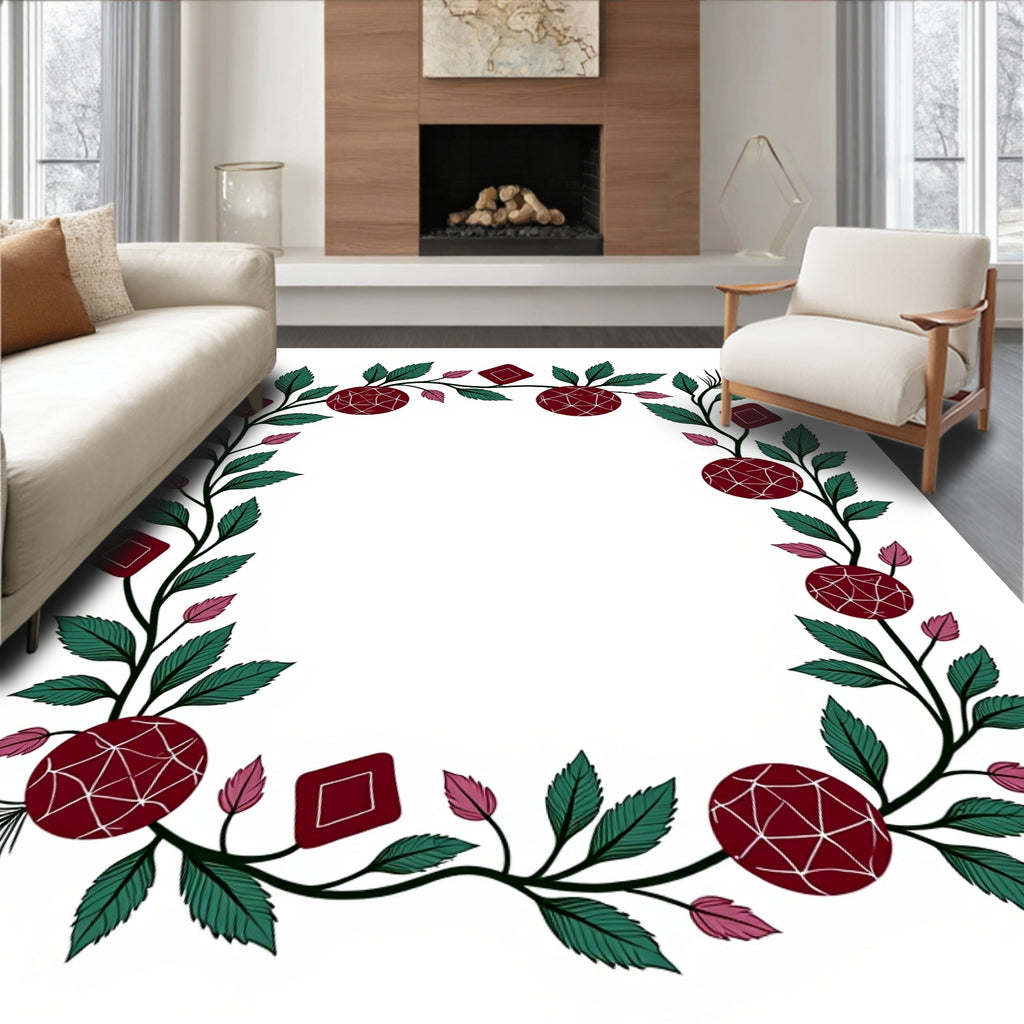 Floral Vine Geometric Pattern Border Rug