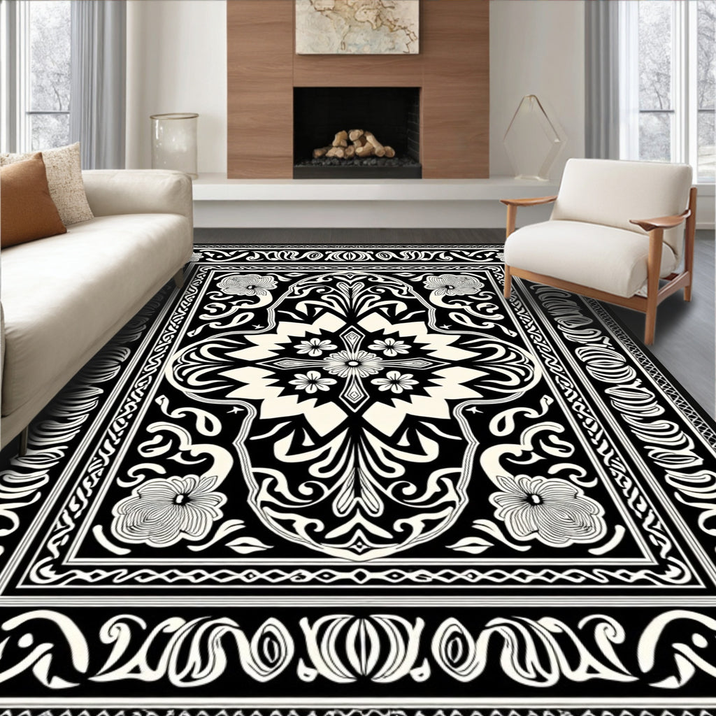 Elegant Black Floral Scrollwork Design Rug