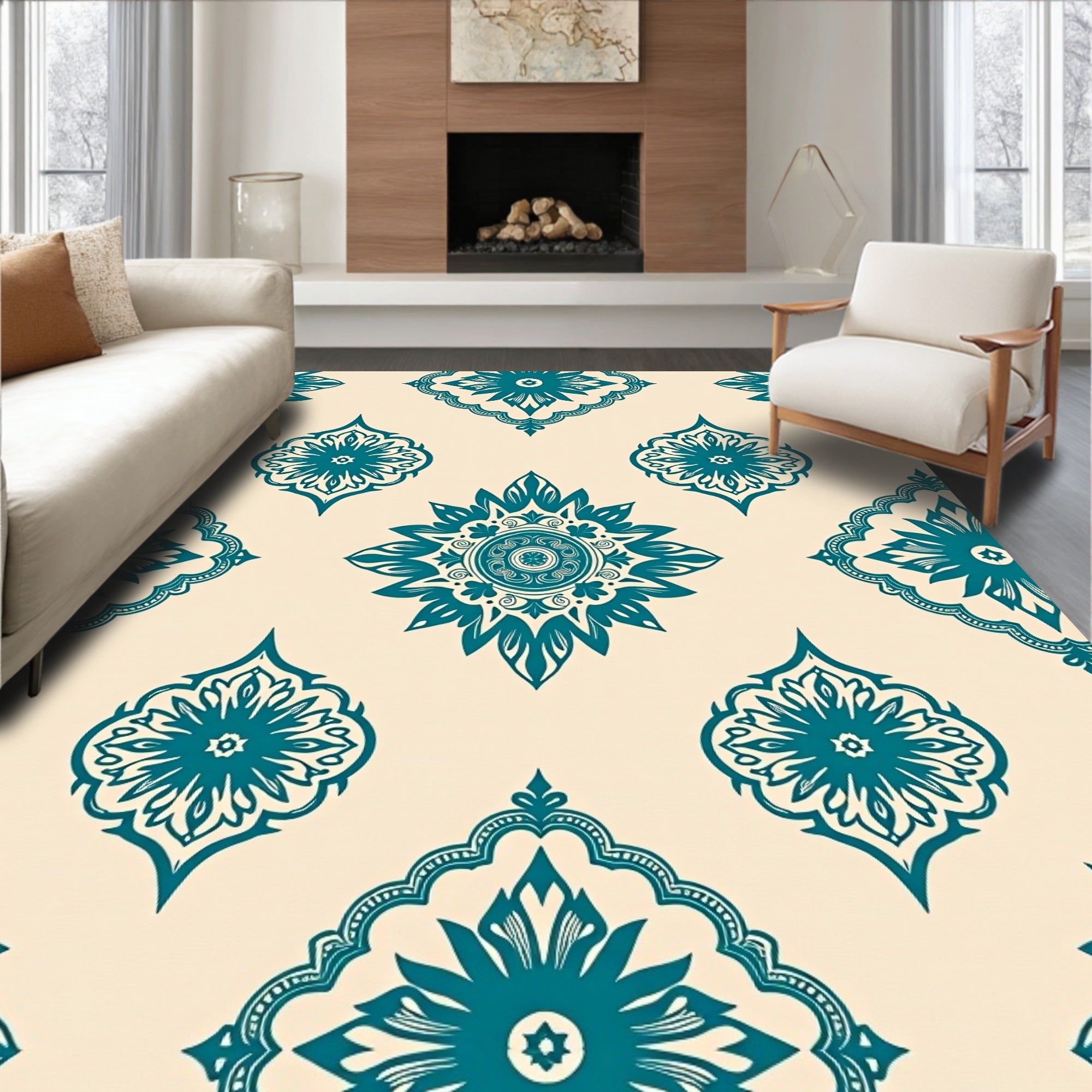 Teal Floral Medallion Pattern Design Rug