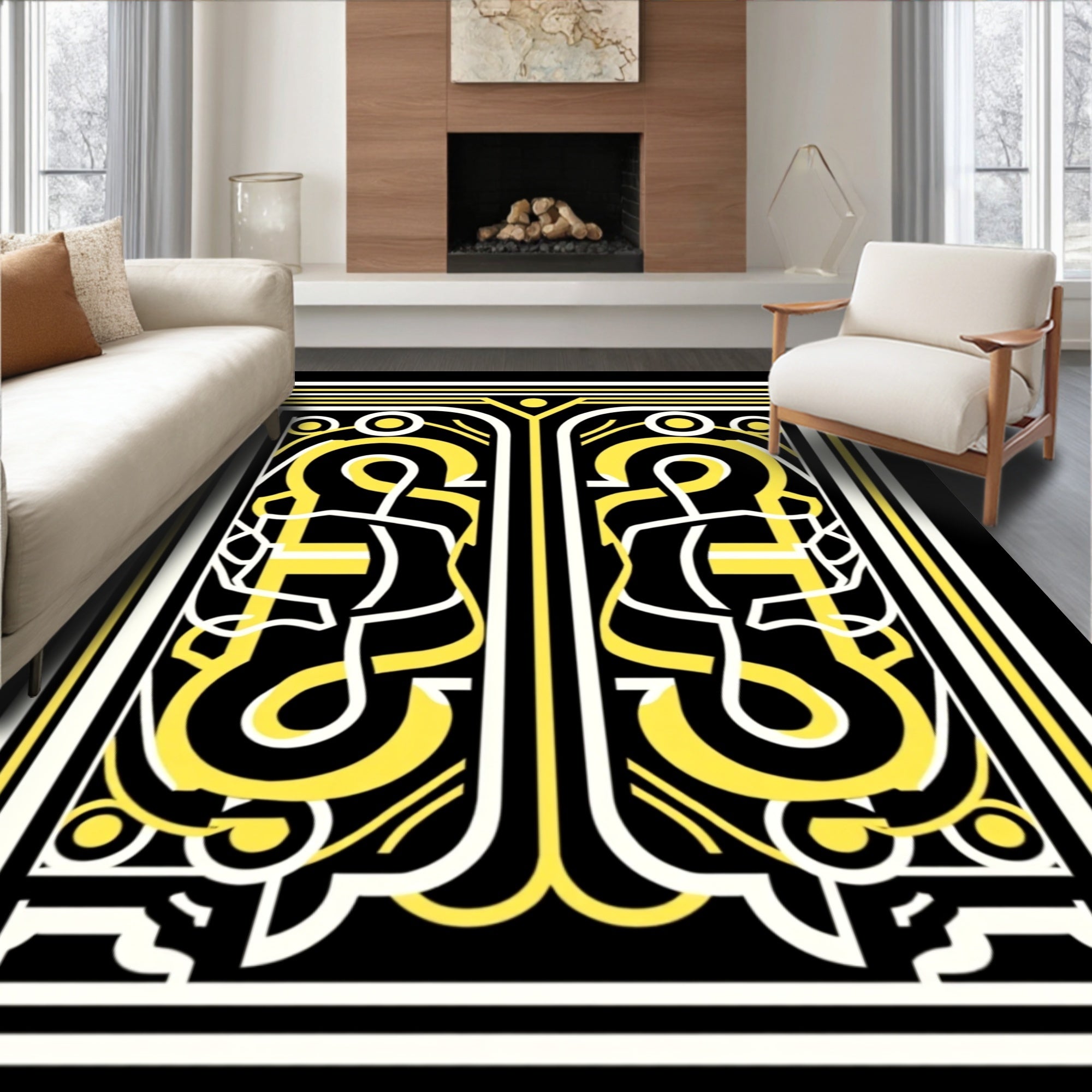 Bold Yellow Black Abstract Pattern Rug