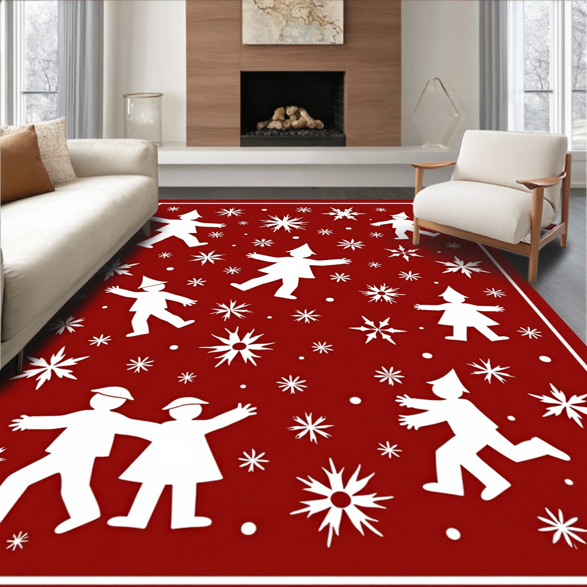 Festive Figures With Snowflakes Pattern Rug