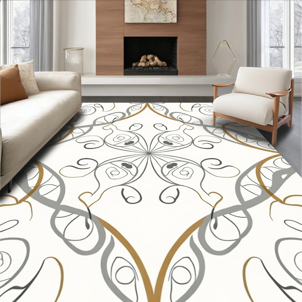 Subtle Gray Gold Swirl Motif Rug