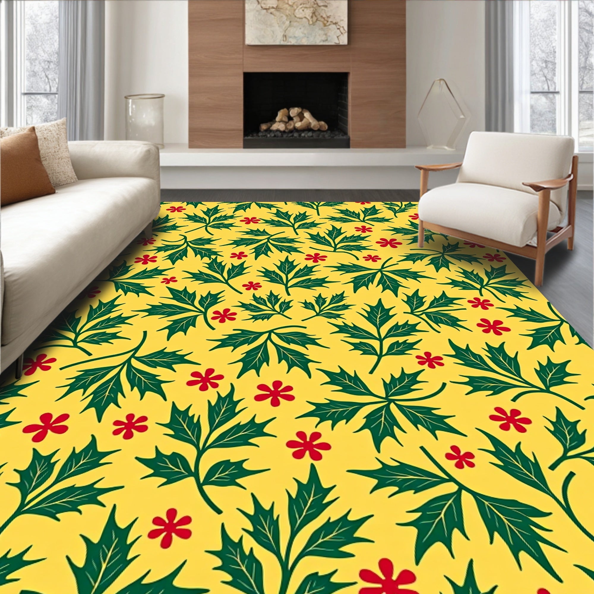 Green Leaf Red Flower Pattern Rug