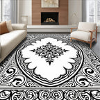 Ornate Floral Frame Black and White Design Rug